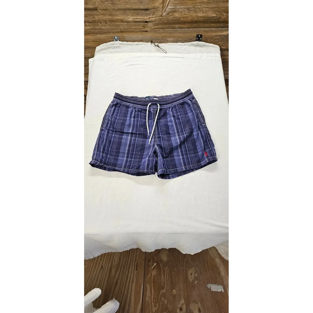 Vtg Polo Ralph Lauren Blue Plaid Swim Trunks Mens Large 5 Inch Inseam Mesh Lined